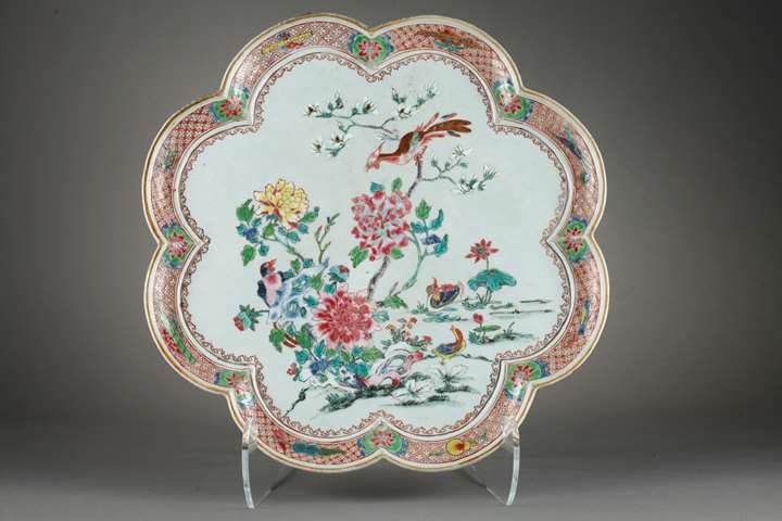 Rare large tray porcelain famille rose decorated flowers Mandarin Duck and birds